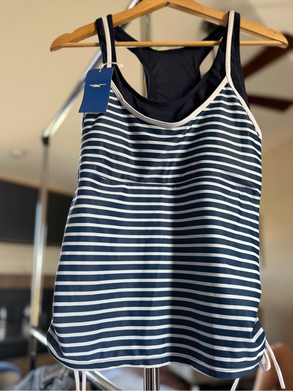 Amazon Navy and White Striped Tankini Two-Piece Swim Set size Lg - Picture 4 of 12